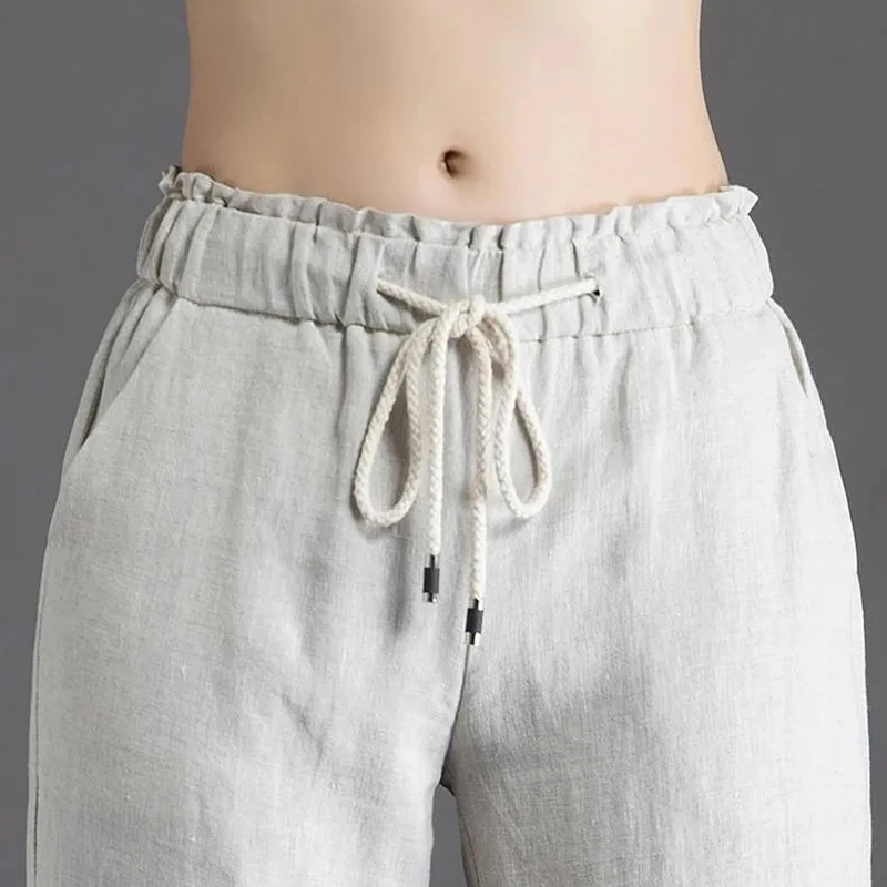 

Cottons solid casual summer Straight Pants Women Elastic waist big size Lace-up Wide Leg Pants Female Vintage ladies trousers