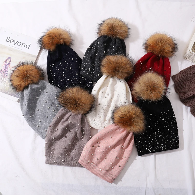 Женская вязаная шапка CNTANG зимняя теплая шерстяная с помпоном из натурального