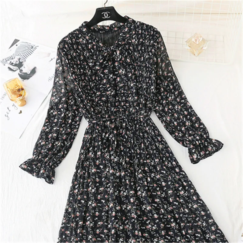 

Женское шифоновое платье с принтом, плиссированное повседневное базовое платье с широким рукавом и вырезом в виде листьев лотоса, весна-лет...