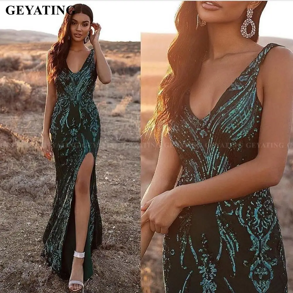 Изумрудно Зеленая блестящая юбка годе 2K 20 сексуальное длинное вечернее платье с V