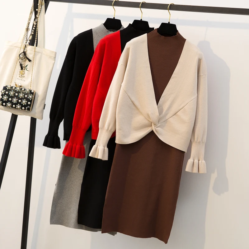 Plus Size good quality Autumn Women's Sweater + Straped Dress Sets Female Casual Two-Piece Suits Loose Knit Mini Dresses | Женская