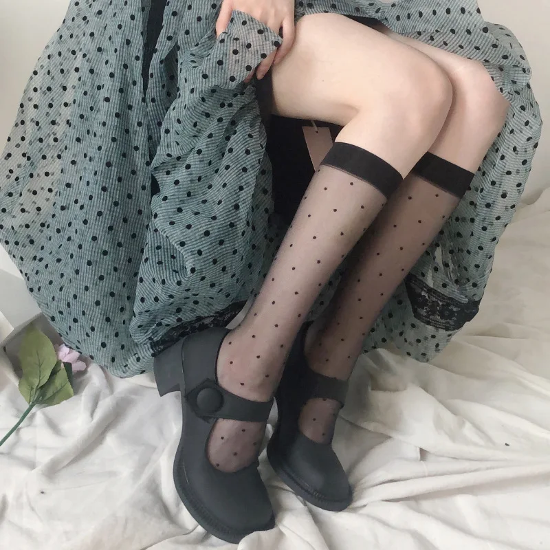 

Woman's fashion black sexy summer ultra-thin dots school girl JK calf fishnet stockings long sock