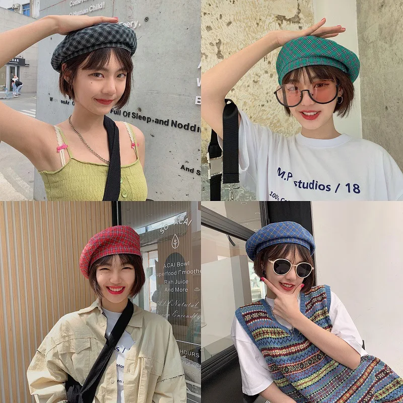 

Spring Autumn New Cotton Beret Painter Newsboy Edition Retro Fashion All-match Octagonal Cap Korean Plaid Beret Street Shopping
