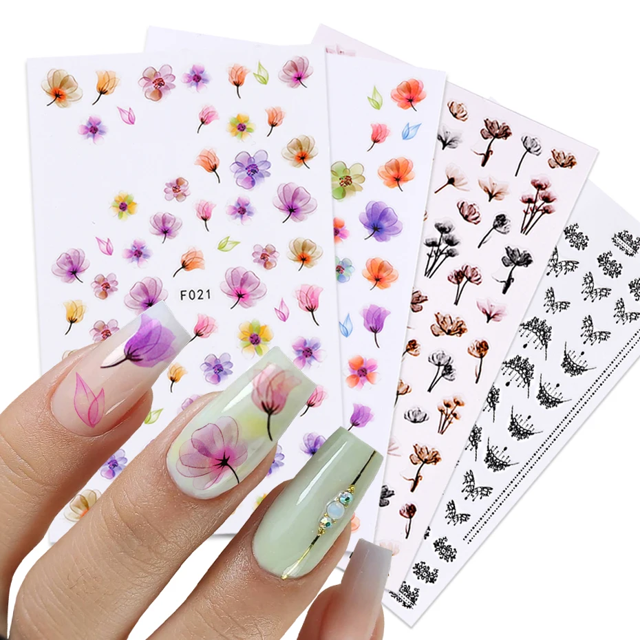 

Весенние акварельные наклейки для ногтей, 1 шт., цветочные, листья, геометрические, Мультяшные животные, обертывания для ногтей, наклейки, 3D у...