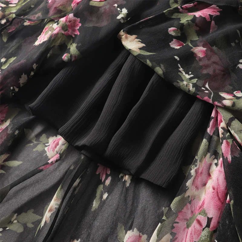 

Double-layer 100% silk A-line swing skirt women's new fashion printed beach skirt
