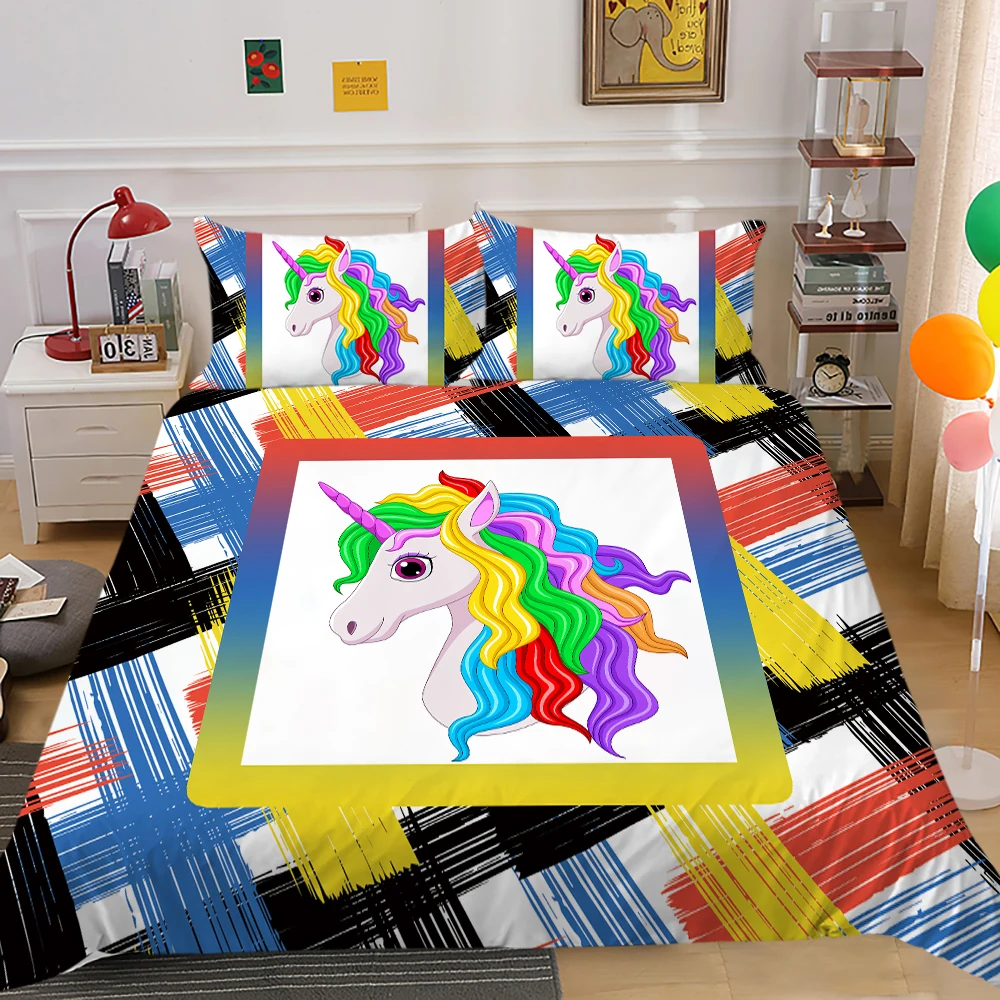 

Home Textile Duvet Cover Set Cartoon Rainbow Unicorn Comforter Bedding Set Girl Kids Gift Queen King Size