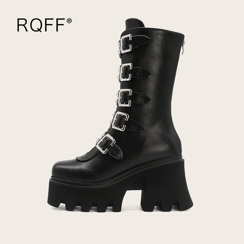 

2020 Winter New Womens Plus Size 44 Punk Mid Calf Boots Handmade Platform 5cm Super Chunky High Heels Rivet Goth Black Shoes