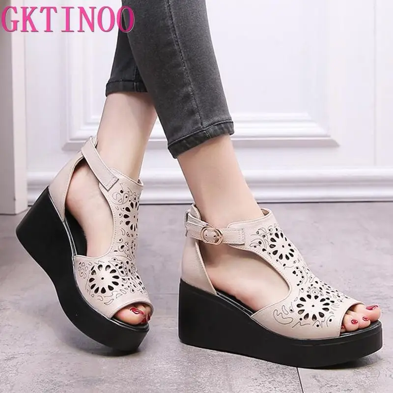 

Женские босоножки на танкетке GKTINOO, повседневные сандалии из натуральной кожи на толстой подошве, с пряжкой, лето 2020