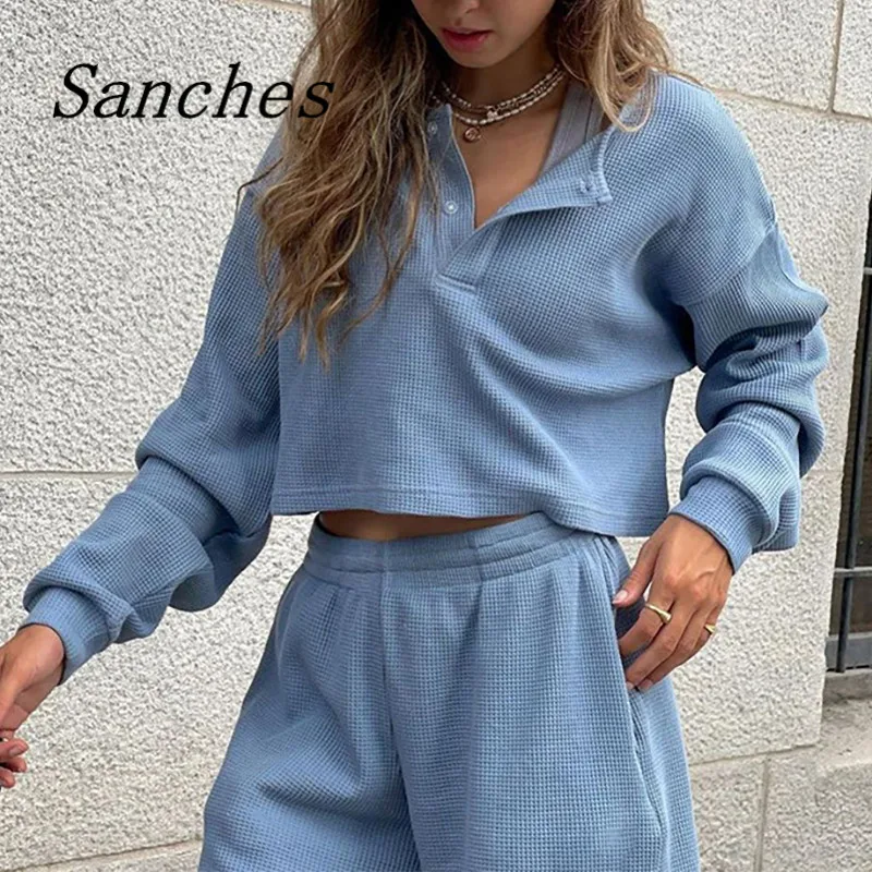 

Sanches 2021 Casual Shorts Set Loose Button Shirt Tops And Mini Shorts Two Piece Women Set Tracksuit Y2K Lounge Clothes