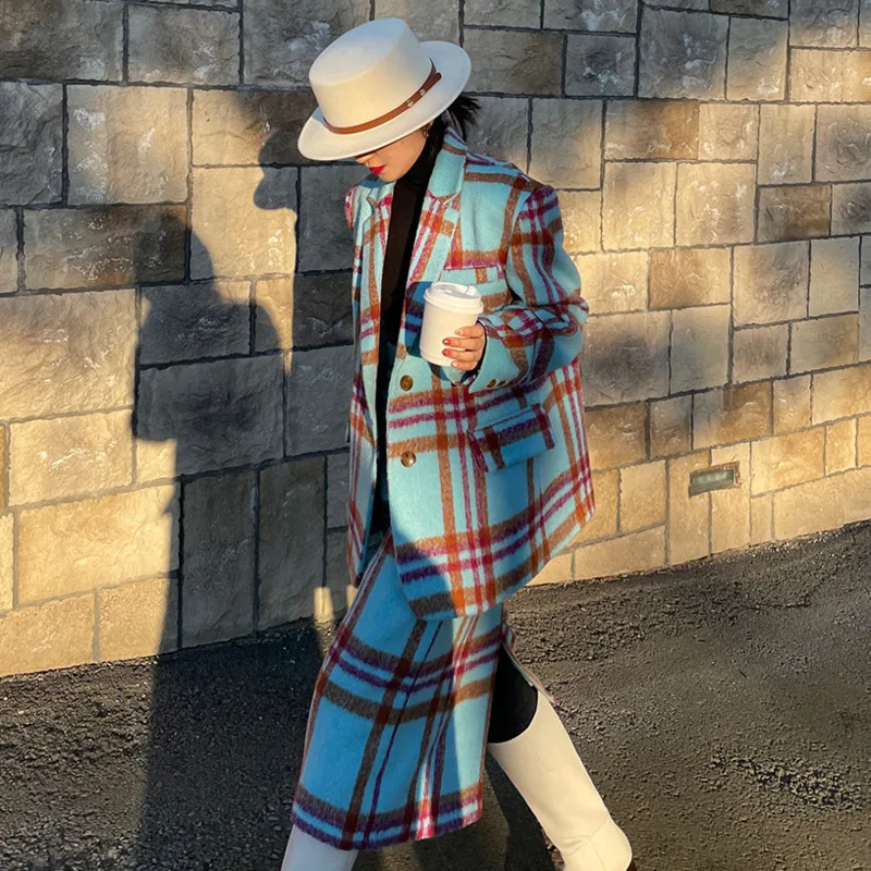 Long-sleeved Minimalist Woolen Top Overcoat+Mid-calf Skirt 2020 Winter Female Fashion Casual Blue Plaid 2 Piece Set
