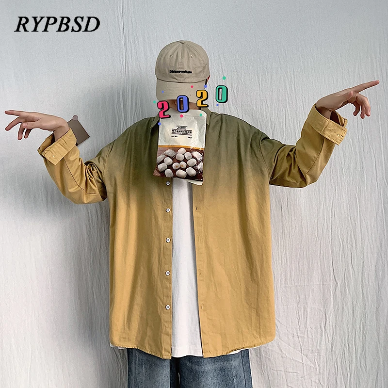 

Korean Oversized Shirt Men Retro Harajuku Gradient Tie-Dye Handsome Patchwork Shirt Mens Women Print Long Sleeve Shirt Men