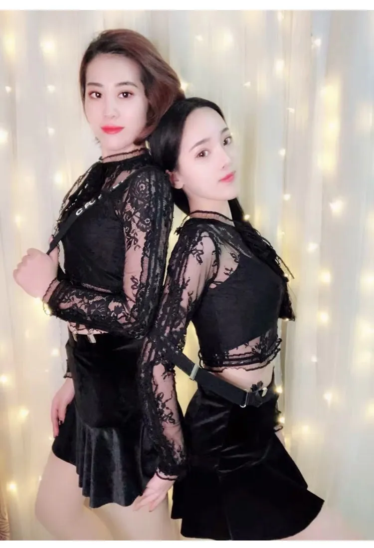 Kpop Повседневная Черная кружевная Короткая юбка комплект для женщин из двух