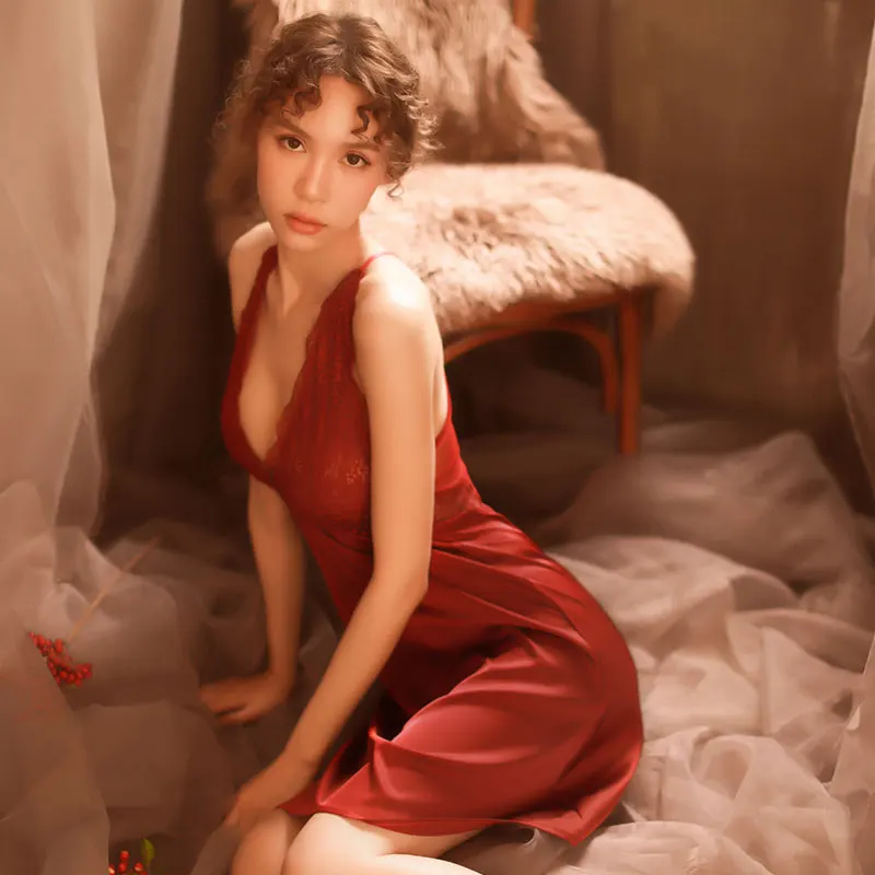 

OTFI Women's Erotic Lingerie Uniform Imitation Silk Sexy Deep V Lace Temptation Suspender Skirt Nightdress Home Service Suit