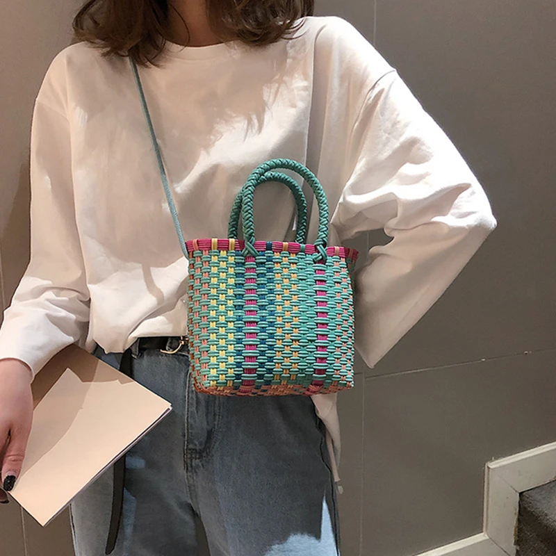 Женская сумка тканая овощная корзина Сумочка летний отдых пляж PU многоцветная