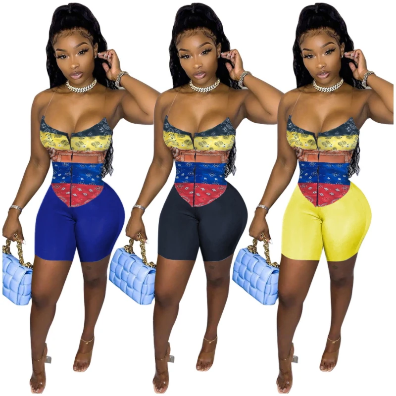 

Bellyband Paisley Printed Cropped Crop Top And Shorts Sets For Women Backless Bodycon Bodysuit Bandage Two Piece Set Sexy Tight