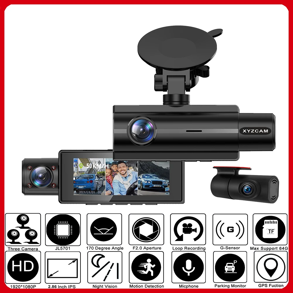 $367.20 XYZCAM Car DVR Dashcam Three Lens 3 Channel Camera Rear Vision FHD 1080P 2.86 Inch Parking Guard Auto Video Recorder Dash Cam