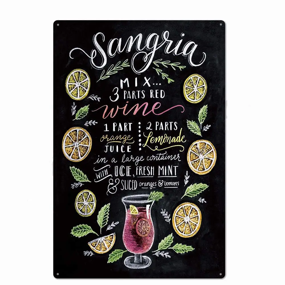 

Original Vintage Design Sangria Cocktail Recipe Tin Metal Signs Wall Art, Thick Tinplate Print Poster Wall Decoration