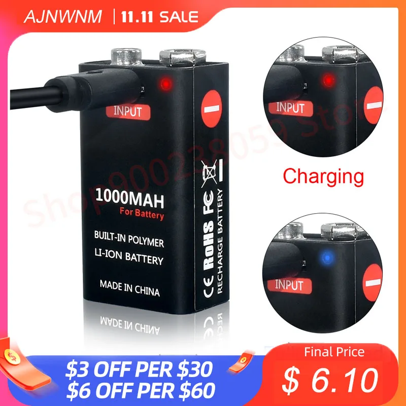 

9V Rechargeable Battery Li-ion Micro USB 1000mAh Lithium Battery For Multimeter Microphone Toy Remote Control KTV Metal Detector
