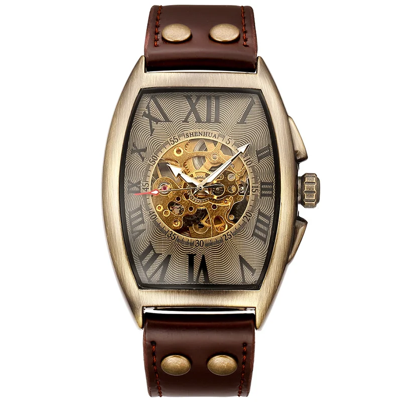 

Transparent Skeleton Automatic Mechanical Watch Men Top Brand Luxury Genuine Leather Band Self Winding Mens Retro Watch Clock