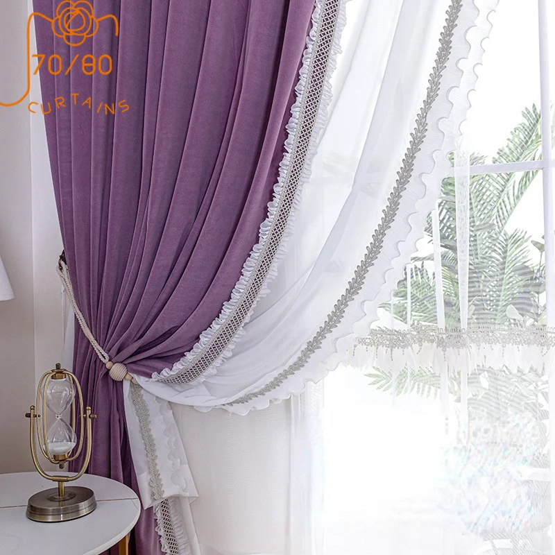 French Light Luxury Purple Velvet Lace Stitching Blackout Curtains for Living Room Bedroom Finished Custom Gauze Curtains