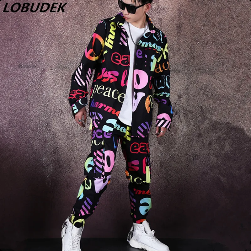 Trendy Male Singer Dancer Hip Hop Rap Rock Costume Tooling Set Colorful Letter Pattern Shirt Cargo Pants 2-Pieces Suits Bar Club