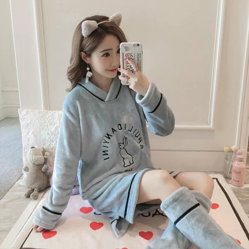 Зимняя новая стильная женская ночная рубашка до колена + носки Бархатная Ночная