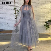 booma glitter grey starry tulle prom dresses with cape 2022 strapless midi party dresses tea length a line formal evening gowns