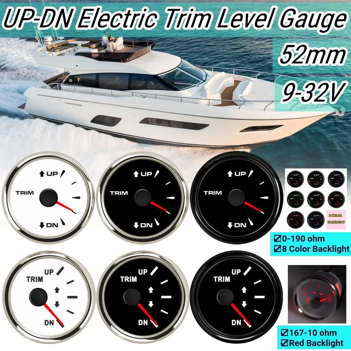 

Marine Boat 52mm UP-DN Electric Trim Level Gauge Outboard Engine 9-32V with Backlights 0-190 ohm/167-10 ohm Fit Yacht Left Right