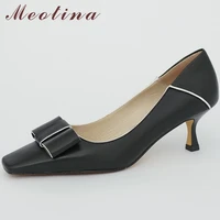 meotina genuine leather high heel shoes bow square toe women shoes shallow thin heels footwear slip on dress shoes lady green