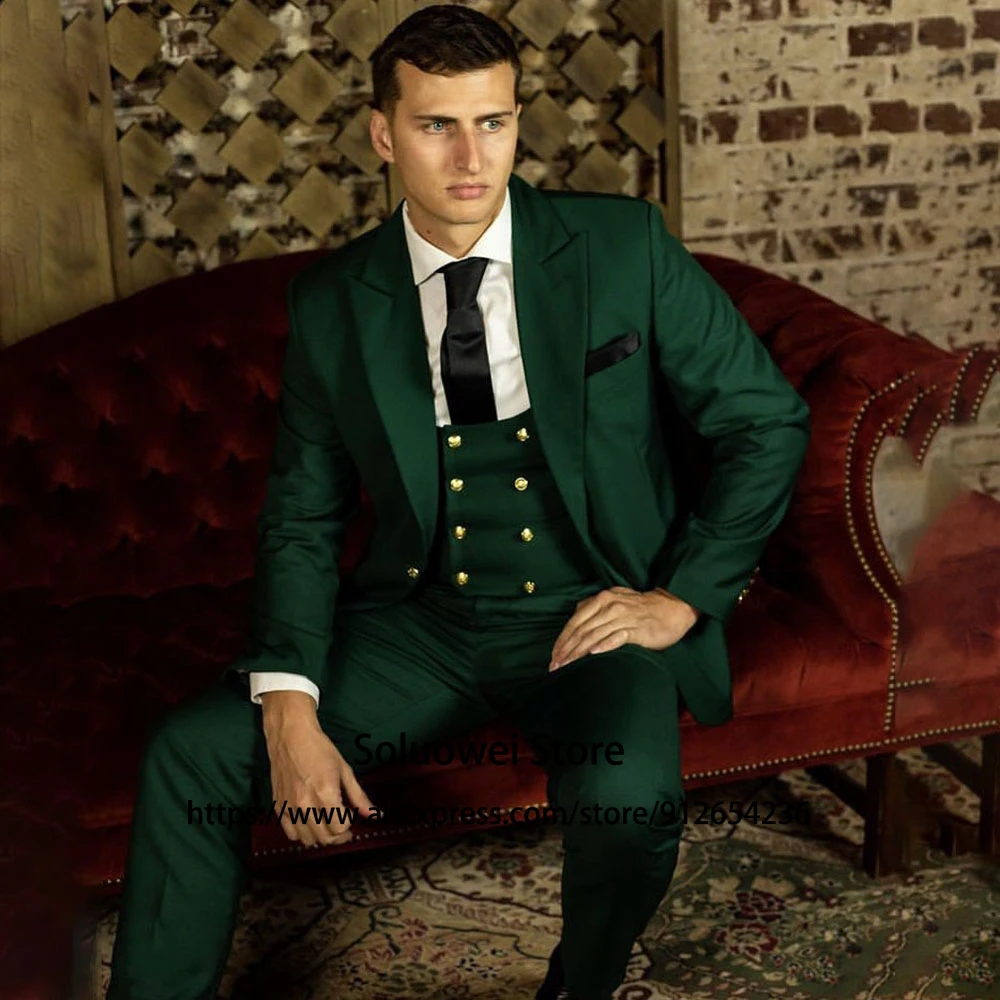 

Fashion Green Men Suits Double Breasted 3 Piece Jacket Vest Pants Set Groom Wedding Prom Tuxedo Formal Business Blazer Masculino