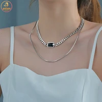 akizoom charm black zircon double layer necklace stainless steel necklace for women pendant girls jewelry birthday friend gift