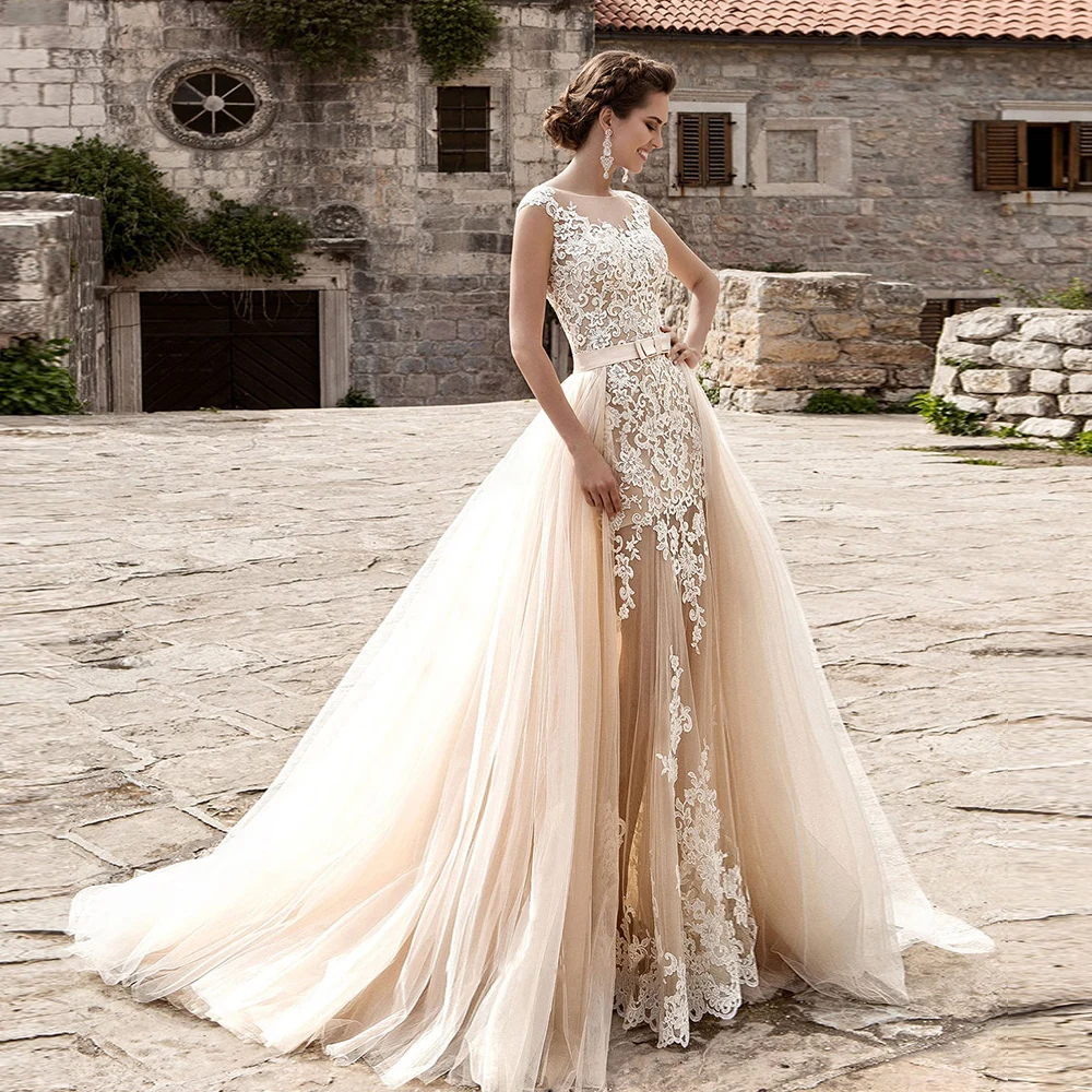 Свадебное платье русалки с отсоединяемым шлейфом свадебное цвета шампанского