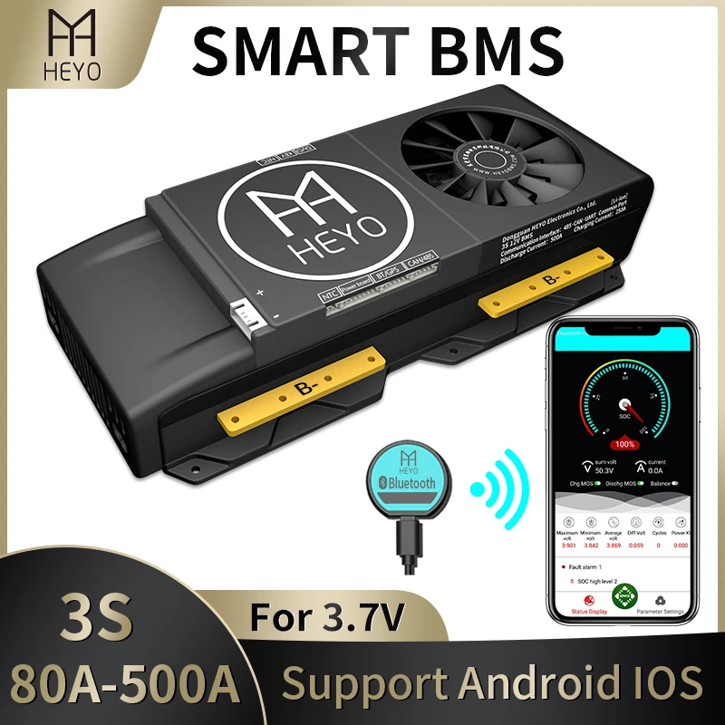 

HEYO smart BMS 3S 12V 300A 400A 500A Bluetooth UART to USB device NTC UART software Li-on Battery protection Board BMS With Fan