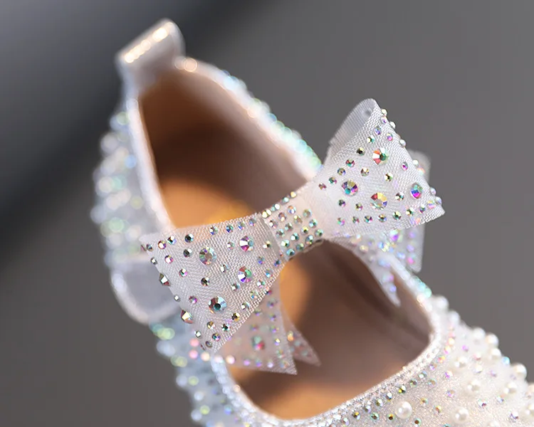 

Spring New Girls' Single Shoes Crystal Bowknot Toddler Shallow Flats Cute Mary Janes Princess Dress Shoes Pink Silver Color