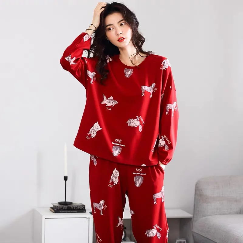 Красная Хлопковая пижама с длинным рукавом и принтом комплект для женщин женская