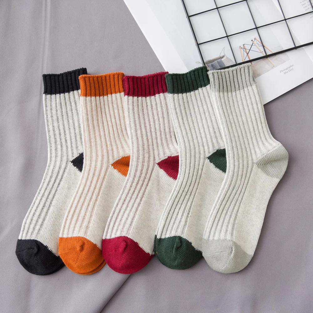 Woman Solid Cotton Socks Multi Cuff Girls Ribbed Socks Sport Socks Warm Winter Socks Crew Socks Female Ankle Socks 5 Pairs/ lot