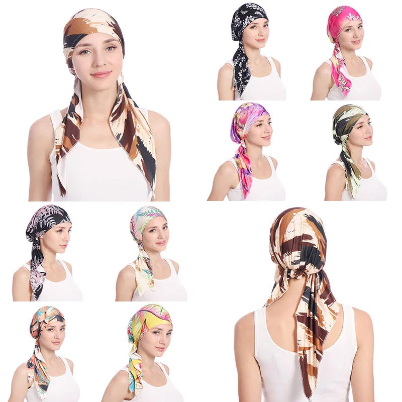 

Womens Muslim Hijab Soft Cotton Cancer Chemo Caps 2020 Fashion Colored Print Turban Cap Strech Bandana Hair Loss Head Scarf Wrap