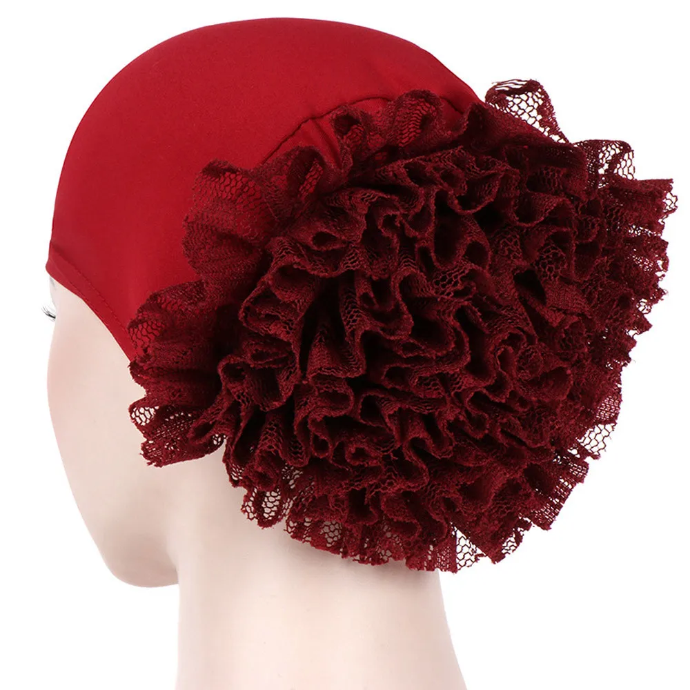 

Women satin flowers India Hat Muslim Ruffle Cancer Chemo Beanie Scarf Turban Wrap head wrap Stretch Free shipping Solid Color