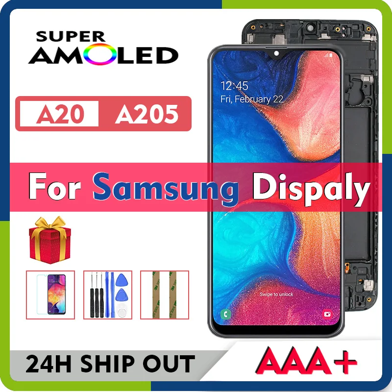 Pantalla LCD Original SUPER AMOLED para m&oacute;vil, montaje de digitalizador con pantalla t&aacute;ctil para Samsung Galaxy A20, A205, SM, A205F, A205FN, A205YN, A205G-0