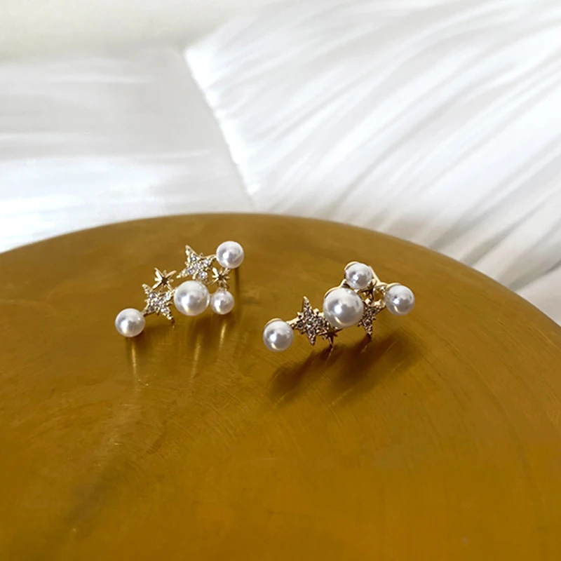 

High Quality 14K Real Gold Plated Pearl Globular Star Earrings for Women Shiny Zircon S925 Silver Needle Fine Jewelry Wholesale