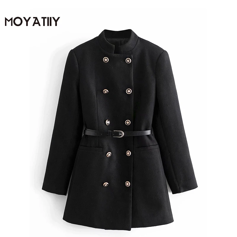 

Женский двубортный пиджак MOYATIIY с поясом, винтажная верхняя одежда с длинными рукавами и карманами, шикарное пальто, 2021