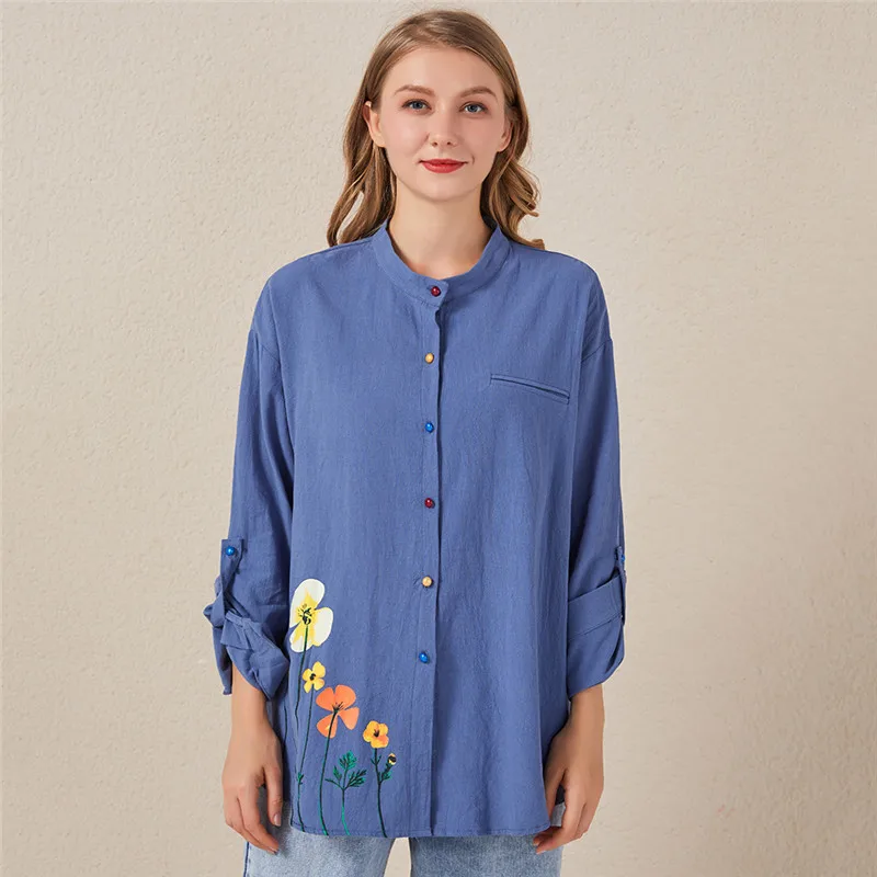 

Women Printed Shirt Stand Collar Elegant Color Buttons Decor Casual Long Shirts Spring 2020 Clothing Ladies Fashion