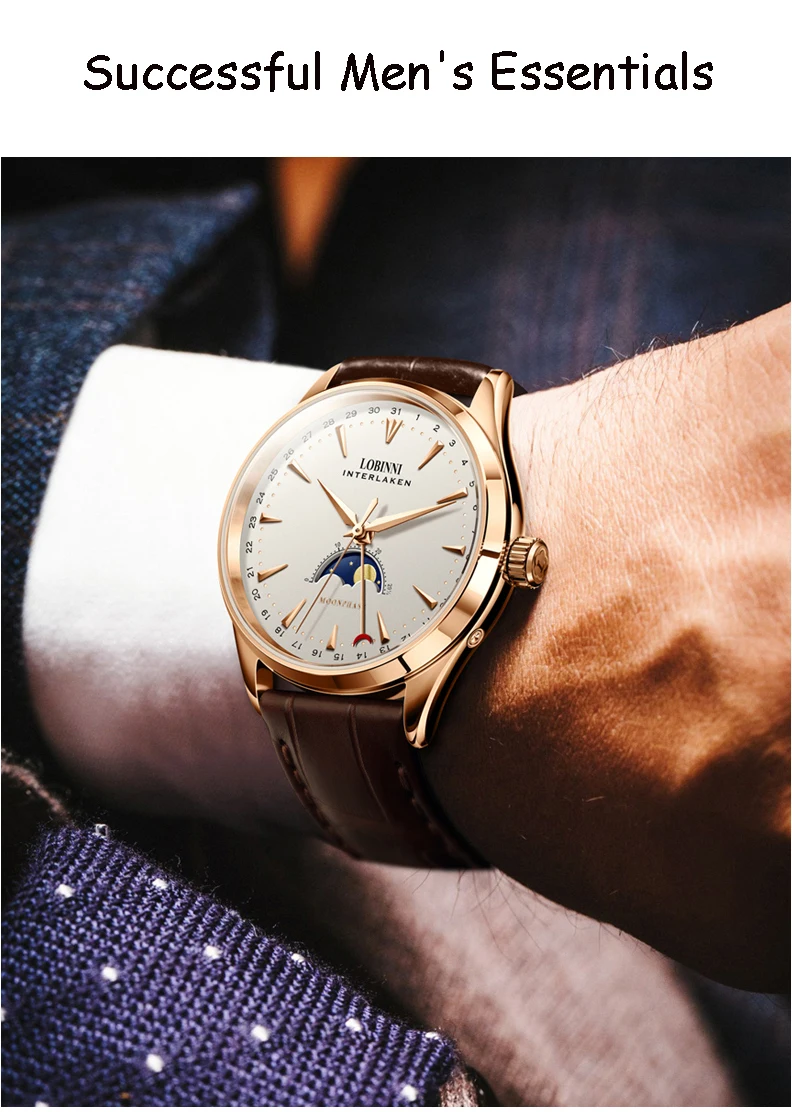 LOBINNI швейцарские мужские часы люксовый бренд Moon Phase авто механические мужские часы Сапфировая кожа relogio masculino L16012-1