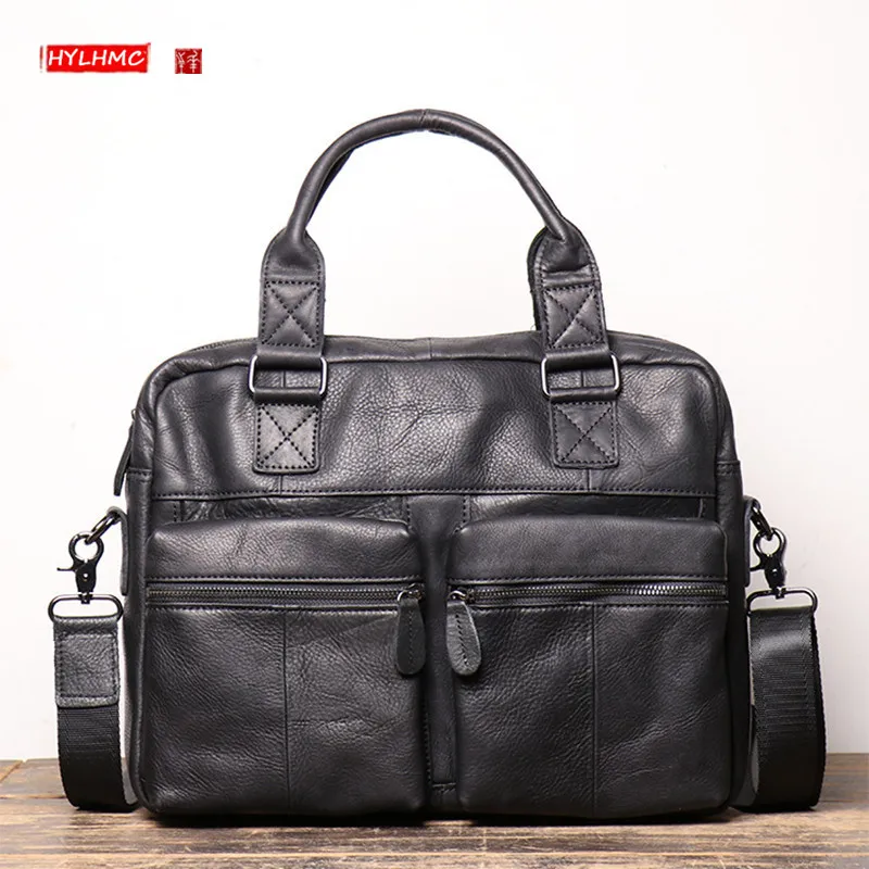 Genuine Leather Men's Handbag Large Capacity Men Portable Briefcase Frosted Leather Shoulder Crossbody Bag 14 Inch Computer Bag