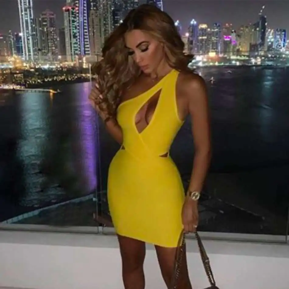 Seamyla Yellow One Shoulder Hollow out Bandage Dresses Summer Women Sexy Elegant Bodycon Evening Night Party Club 2019 Vestidos | Женская