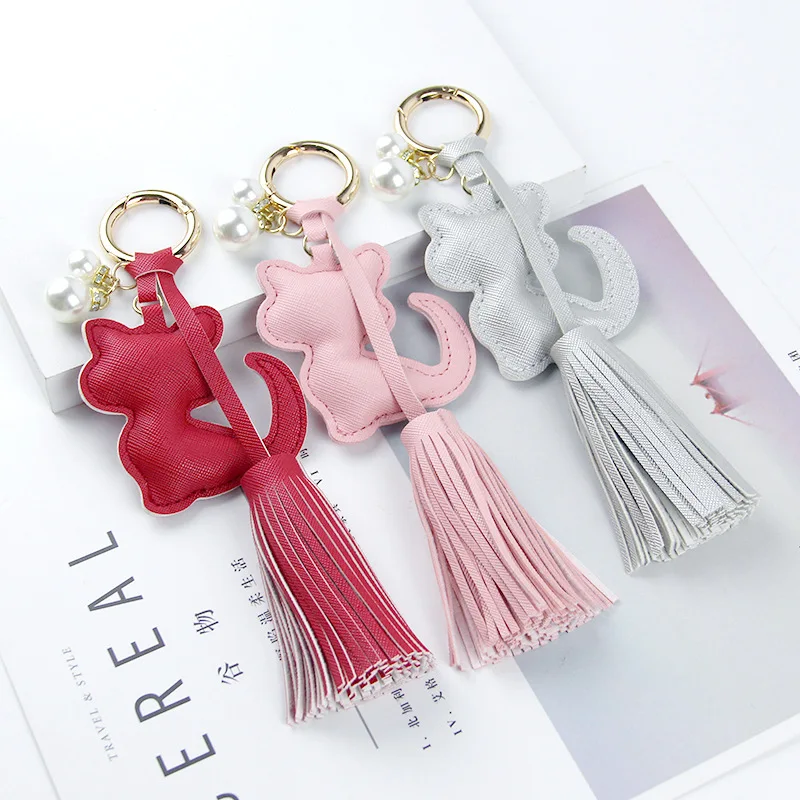 

Creative PU leather tassel key ring cute bag pendant leather Pearl Cat Car Key Chains Fashion Charm Keychain Accessories Gift
