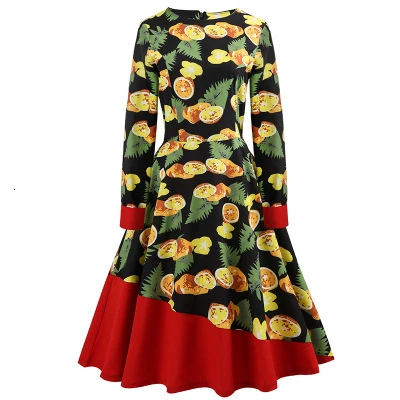 Long Sleeve Spring Autumn Winter Dress Floral Lemon Print Patchwork Black Blue White Swing Retro 50s Vintage Dresses | Женская одежда