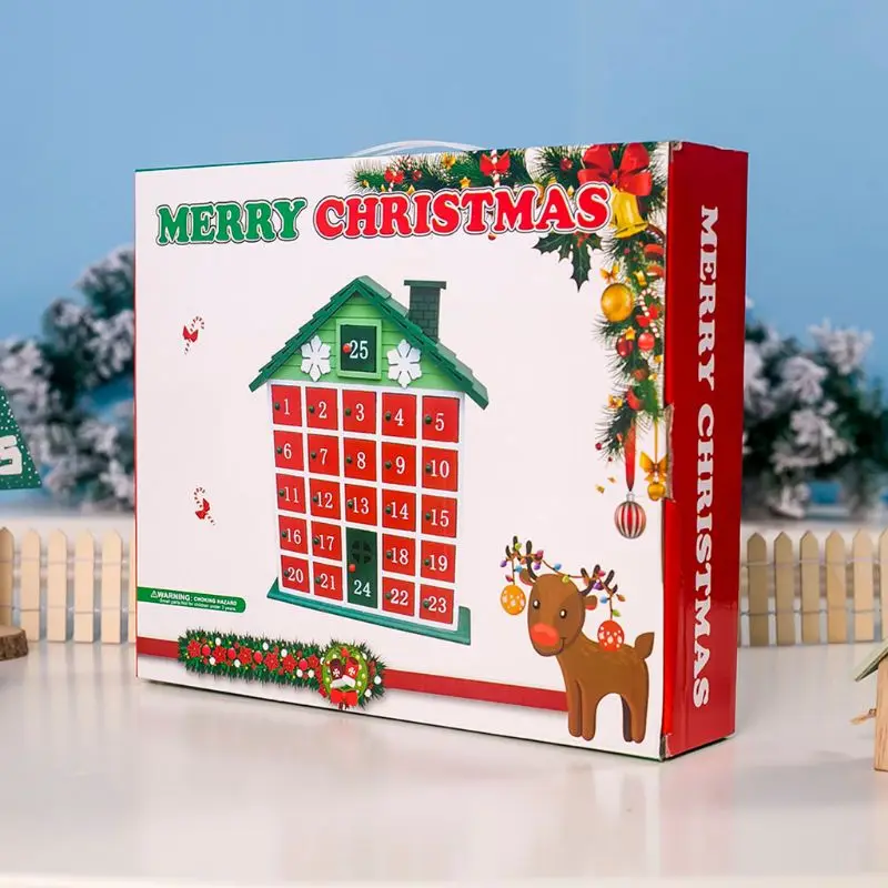 Рождественский деревянный дом обратного отсчета Адвент календарь Рождество коробка для хранения X3UC