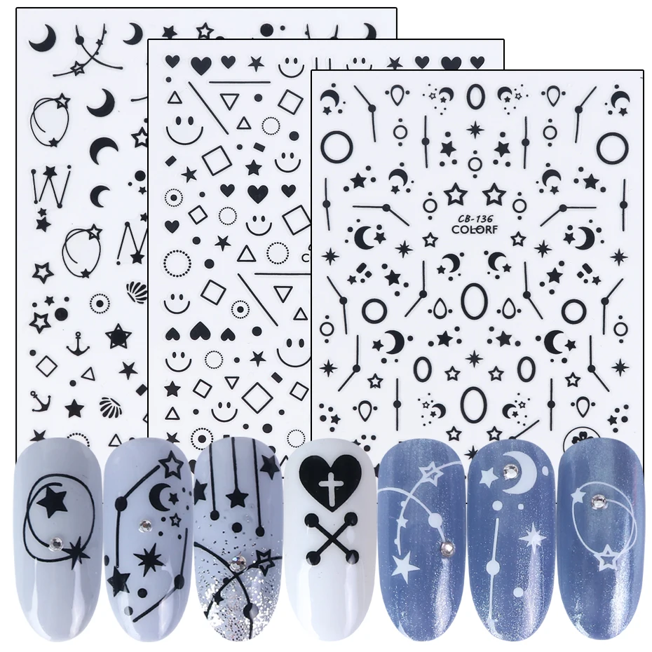 1 шт. черно белые геометрические наклейки для ногтей 3D смешанные луна звезды