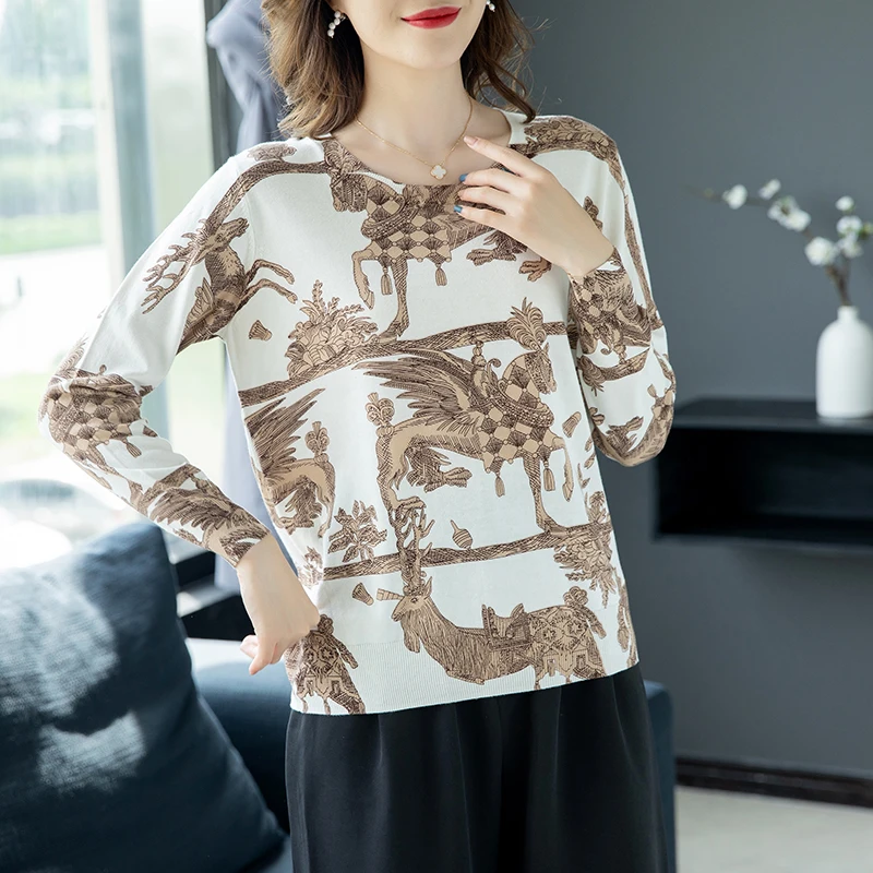Sweater Tops Pullover Women O-neck Loose Autumn High Quality Female Color Printed Knitted Elegant Jumper Sueter | Женская одежда